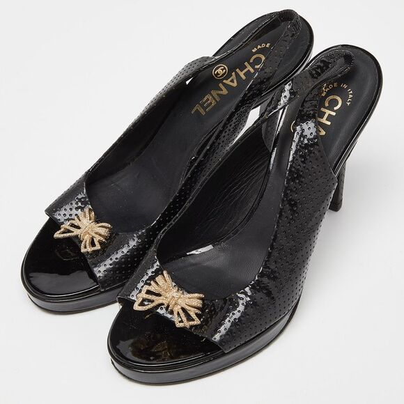 Chanel Black Perforated Patent Leather Open Toe Slingback Sandals Size 37 - Picture 2 of 4